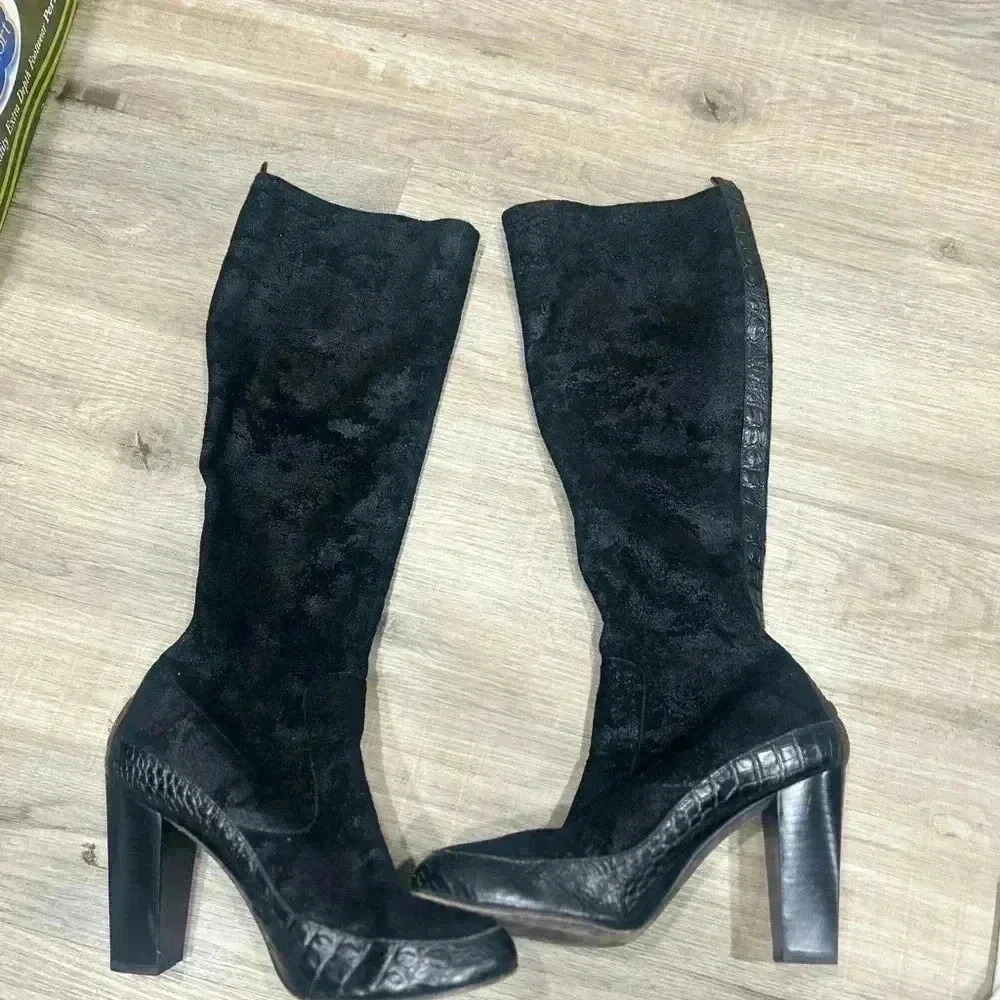 Donald Pliner Chenia Black Alligator Croco Trim/Suede Knee High Boots Sz 10 M